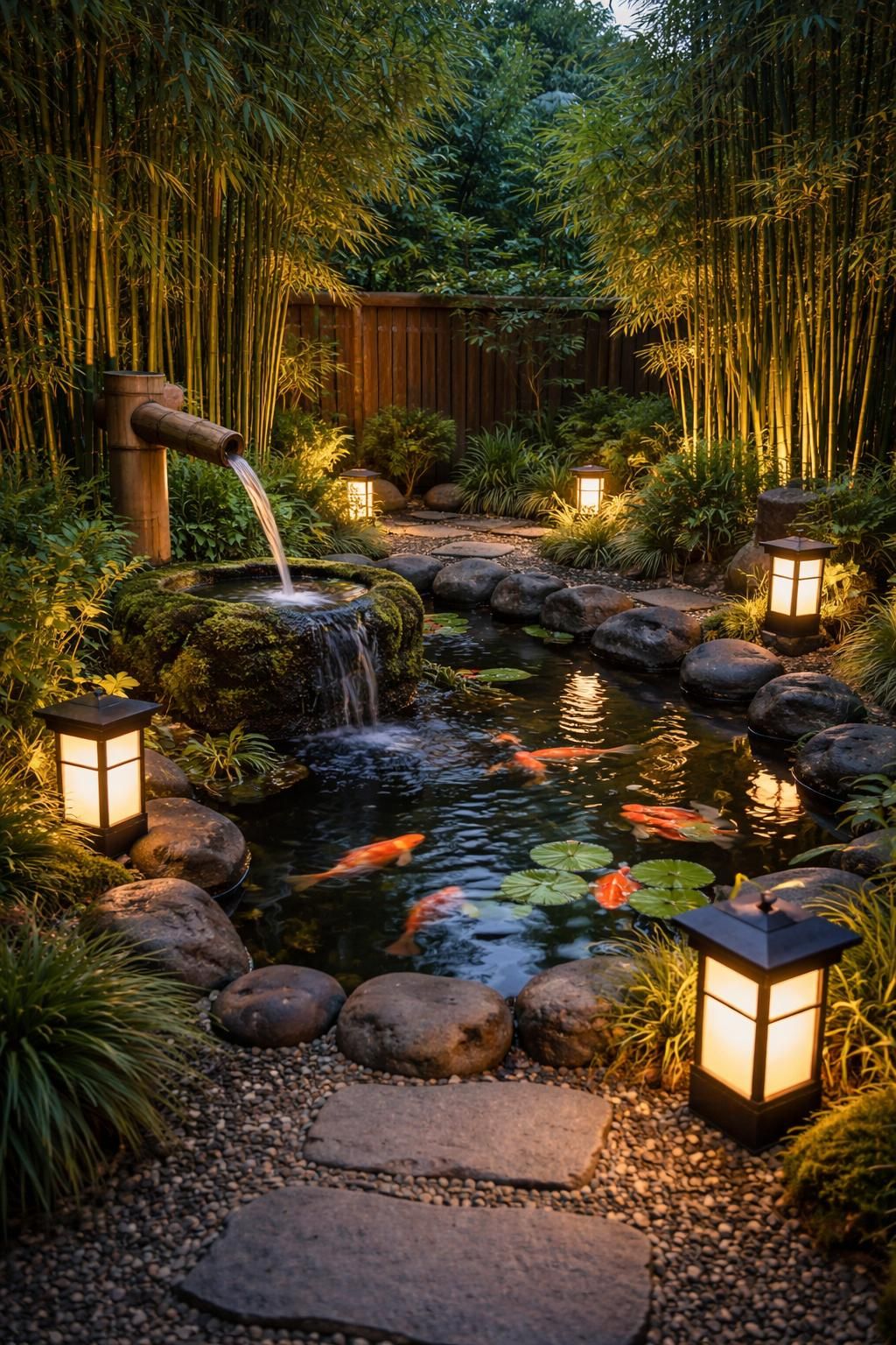 découvrez comment aménager un jardin zen avec une fontaine apaisante, un bassin à poissons koi, des bambous élégants et un éclairage extérieur solaire design pour une ambiance naturelle et relaxante.