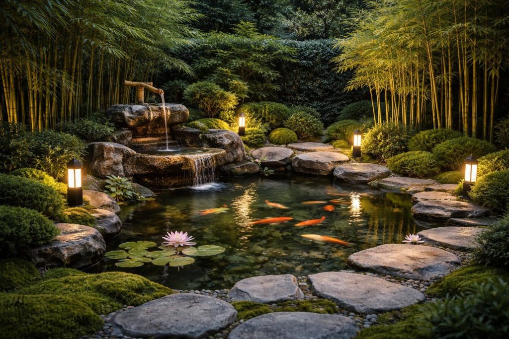 découvrez comment aménager un jardin harmonieux avec une fontaine zen, un bassin koi, des bambous et un éclairage extérieur solaire design pour créer un espace de détente unique et écologique.