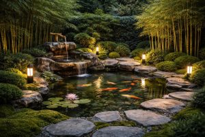 découvrez comment aménager un jardin harmonieux avec une fontaine zen, un bassin koi, des bambous et un éclairage extérieur solaire design pour créer un espace de détente unique et écologique.