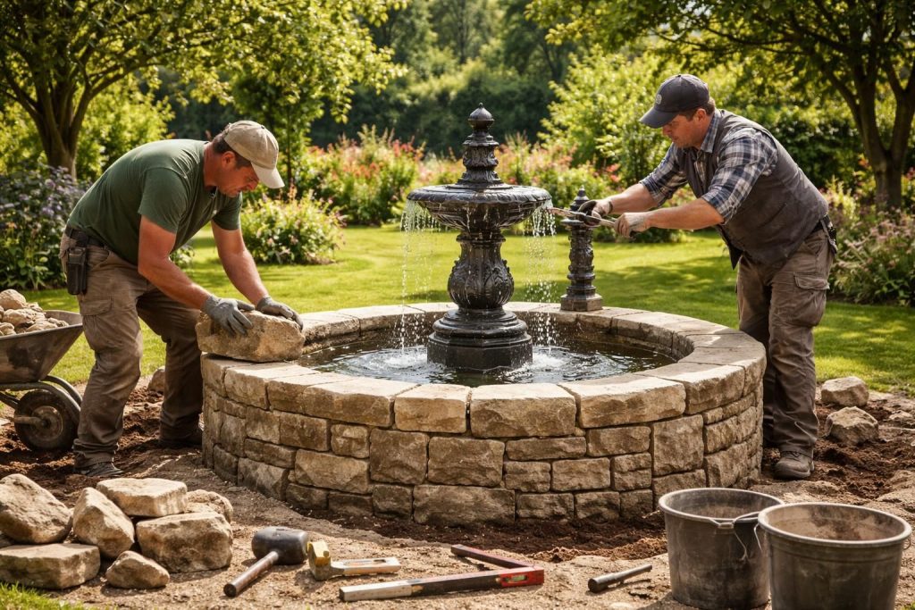 installez votre fontaine de jardin en normandie avec des artisans paysagistes et maçons experts, pour un espace extérieur harmonieux et personnalisé.