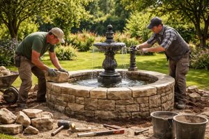 installez votre fontaine de jardin en normandie avec des artisans paysagistes et maçons experts, pour un espace extérieur harmonieux et personnalisé.