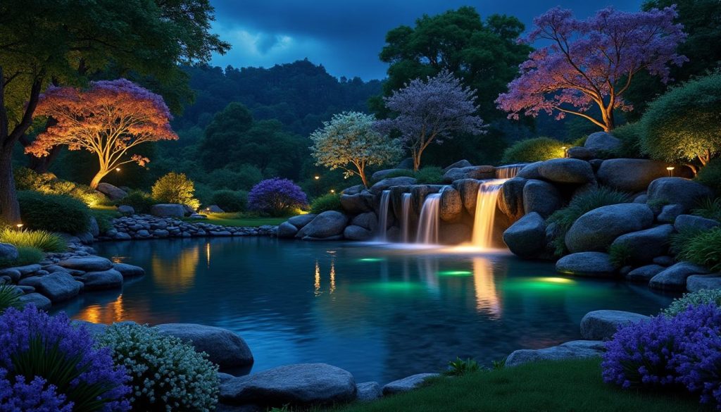 découvrez nos luminaires solaires spécialement conçus pour illuminer bassins et cascades la nuit, alliant écologie et élégance pour sublimer vos espaces extérieurs.