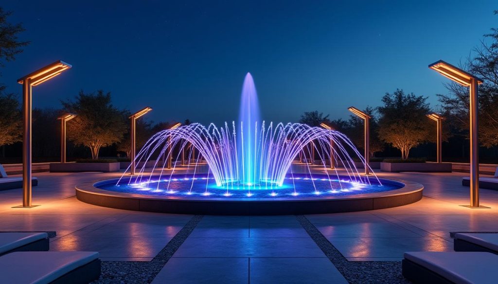 découvrez comment sublimer vos espaces avec des luminaires et jets d’eau, pour une mise en scène professionnelle et élégante, alliant lumière et mouvement.